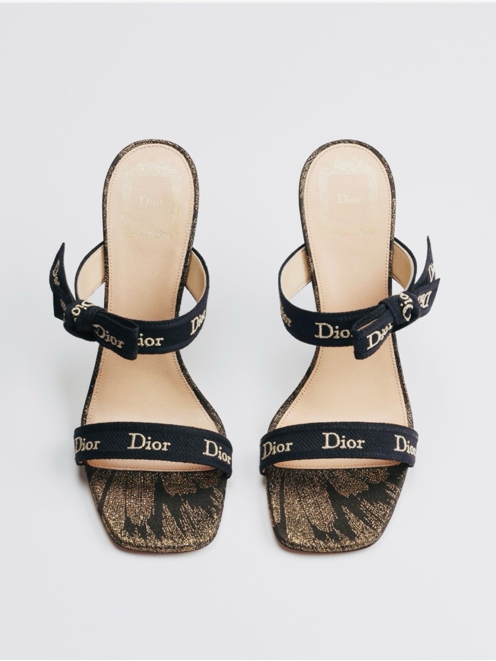 Dior Black and Gold Logo Strap Heeled Sandals